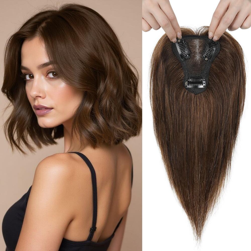 REECHO Human Hair Womens Clip In Hair Topper Dark Brown Hairpiece New